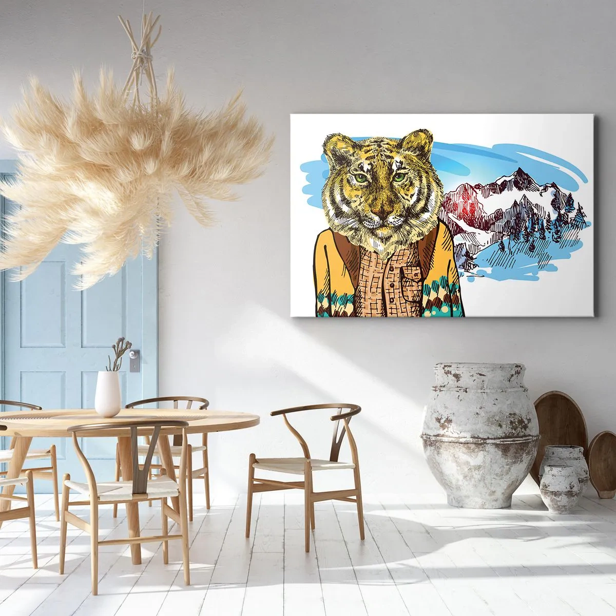 Quadro em tela - Um tigre com um casaco contra uma paisagem montanhosa - 70x50cm - Não tão selvagem como dizzem - Decoração de parede moderna para a sala de estar e quarto ARTTOR