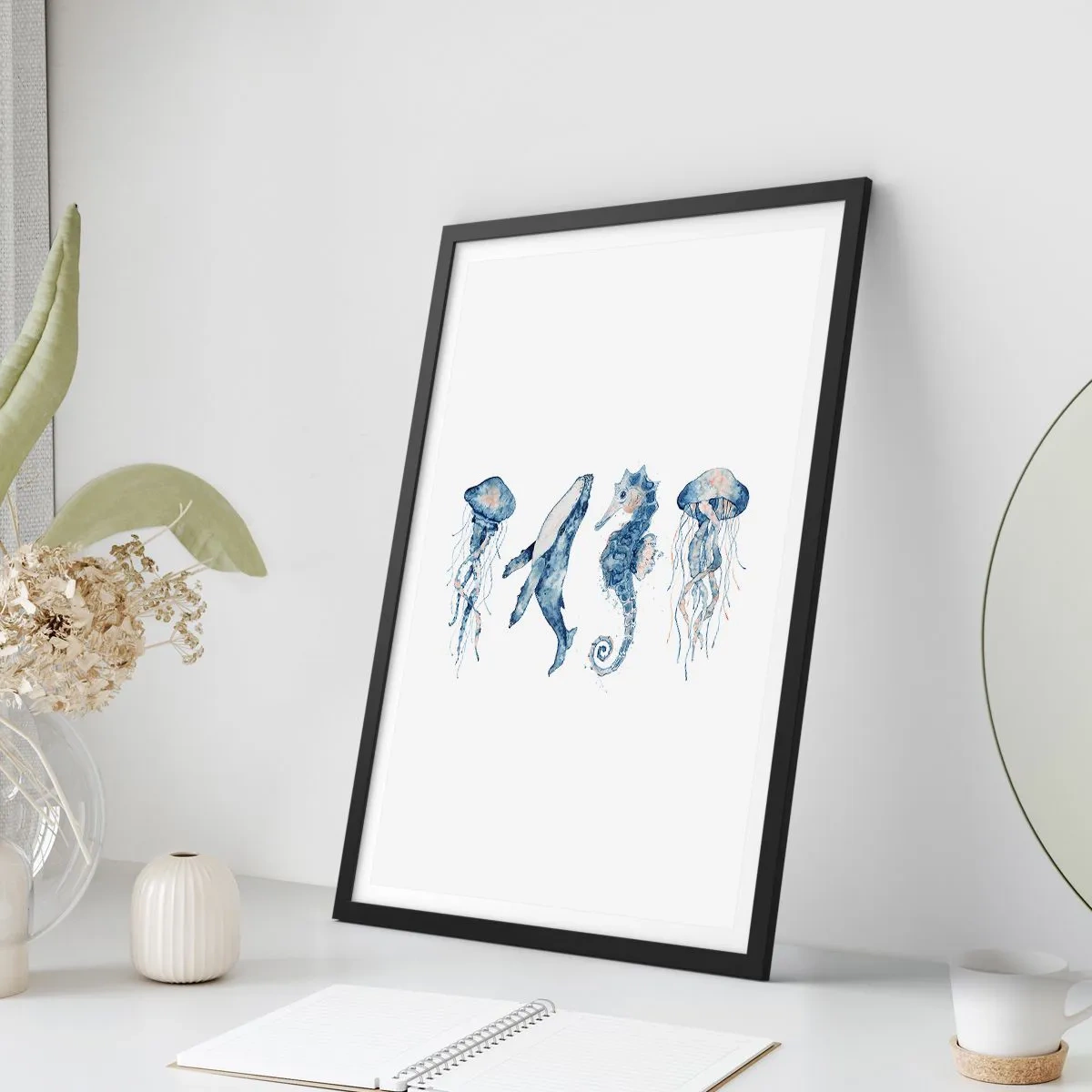 Pôster com moldura preta - Animais marinhos em estilo aquarela - 50x70cm - Maravilhas do mar - Decoração de parede moderna para a sala de estar e quarto ARTTOR