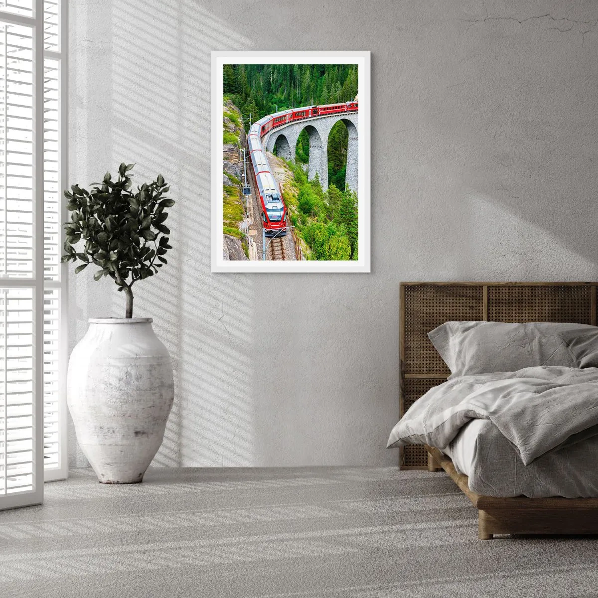 Pôster em moldura branca - Linha férrea com vista para a montanha - 70x100 cm