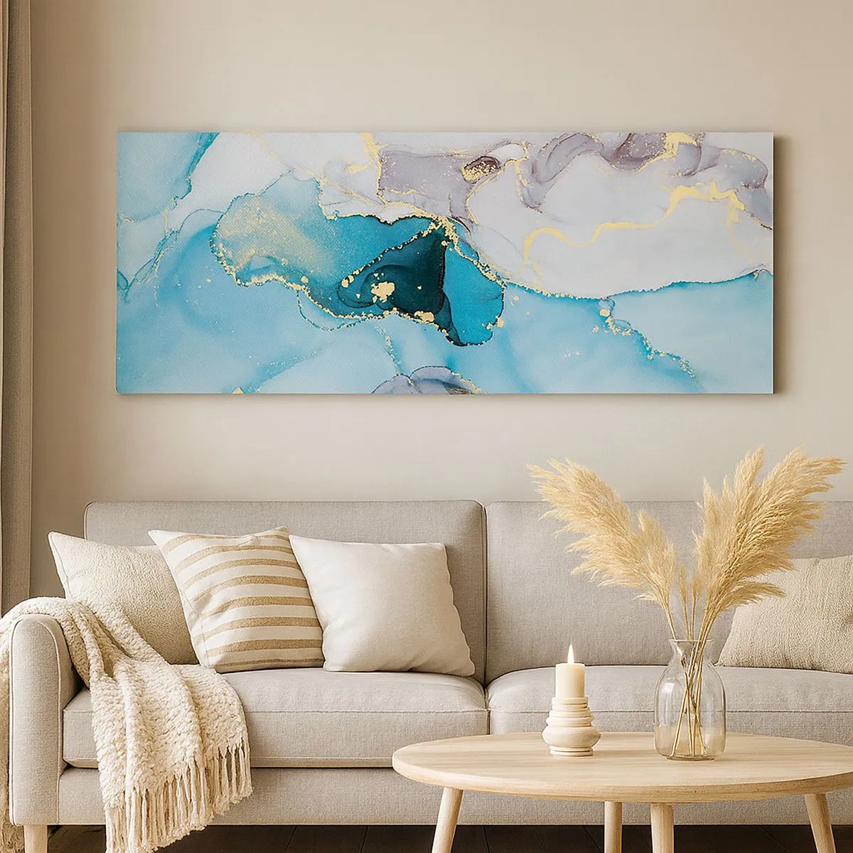 Quadro em tela - Estudo do encontro do cinza e turquesa - 100x40 cm