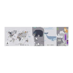 Amostra de papel de parede autocolante Deluxe Sticker - Diga-me de onde é... - Mapa mundial, Animais, Continentes - 100x30 cm