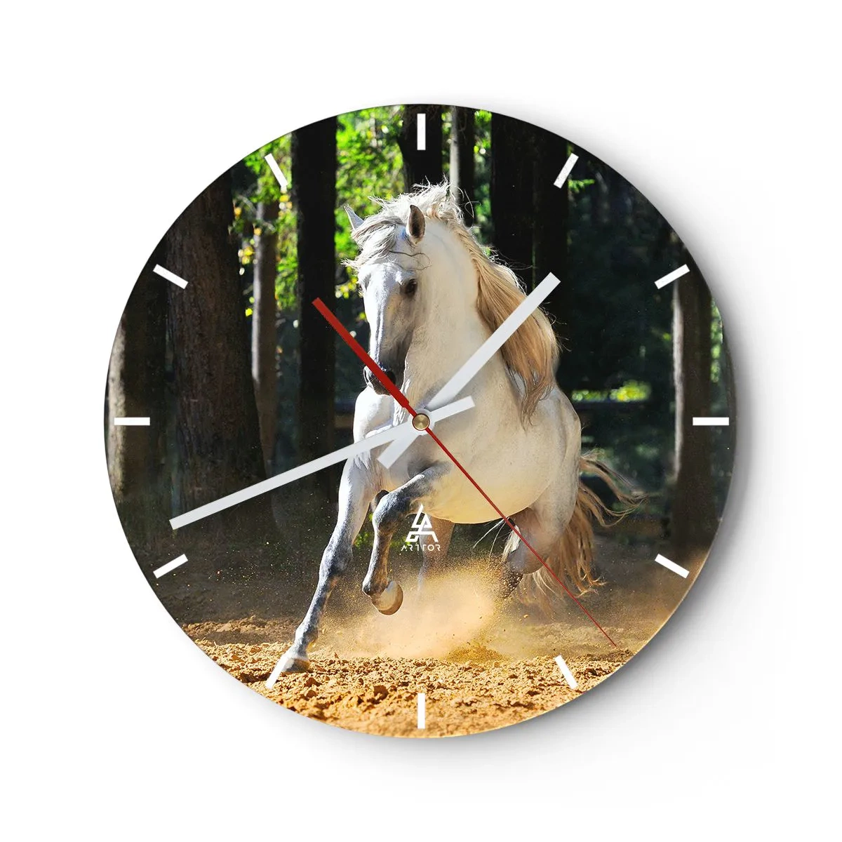 Relógio de parede - Relógio em vidro - Um cavalo branco galopando entre as árvores - 30x30cm - Como de um romance de fantasia - Decoração de parede moderna para a sala de estar, cozinha e quarto ARTTOR