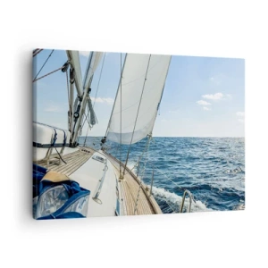Quadro em tela - Um veleiro em um mar calmo sob um céu azul - 70x50cm - Ahoy, aventura - Decoração de parede moderna para a sala de estar e quarto ARTTOR