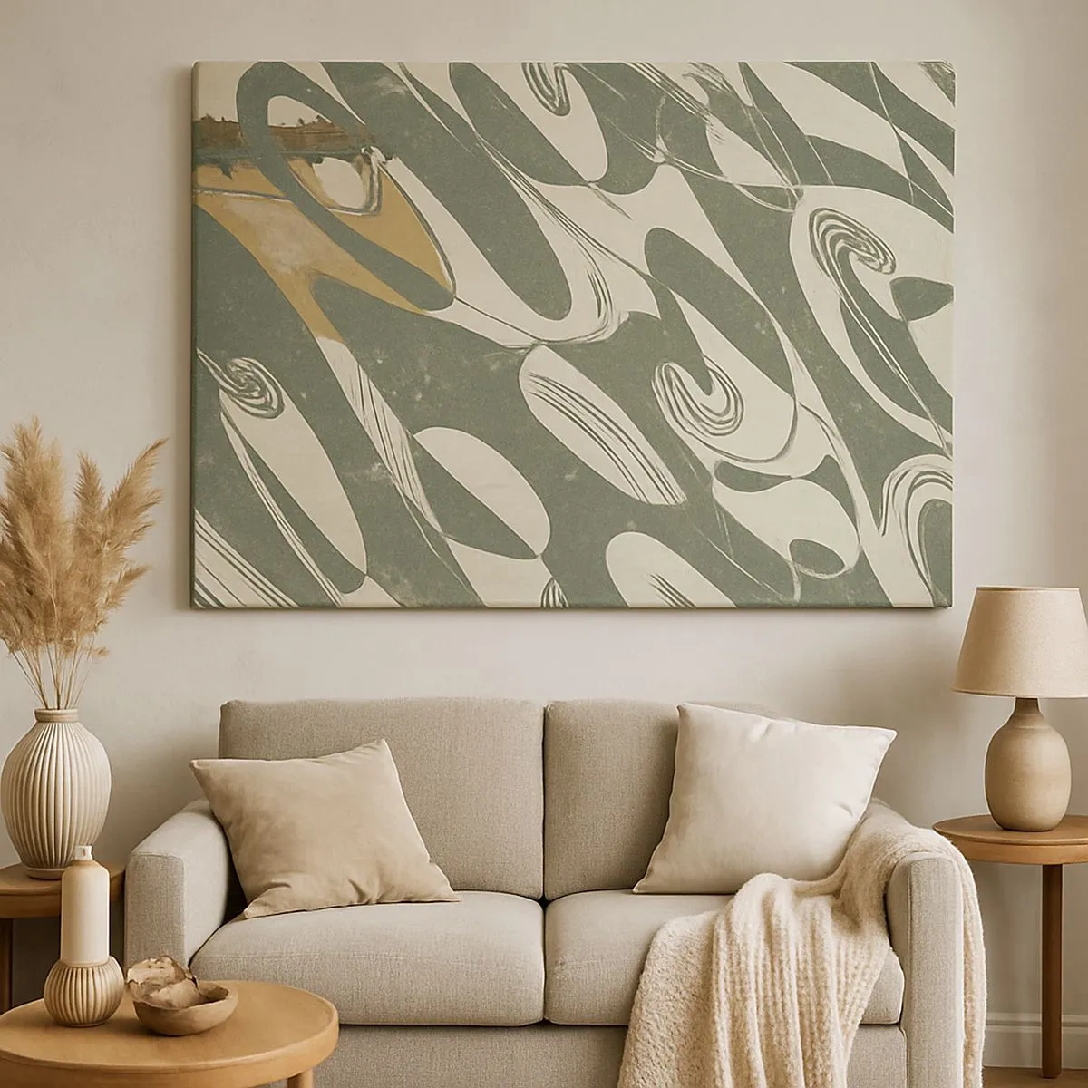 Quadro em tela - Formas dinâmicas em tons de verde e dourado - 70x50cm - Abstração rítmica - Decoração de parede moderna para a sala de estar e quarto ARTTOR