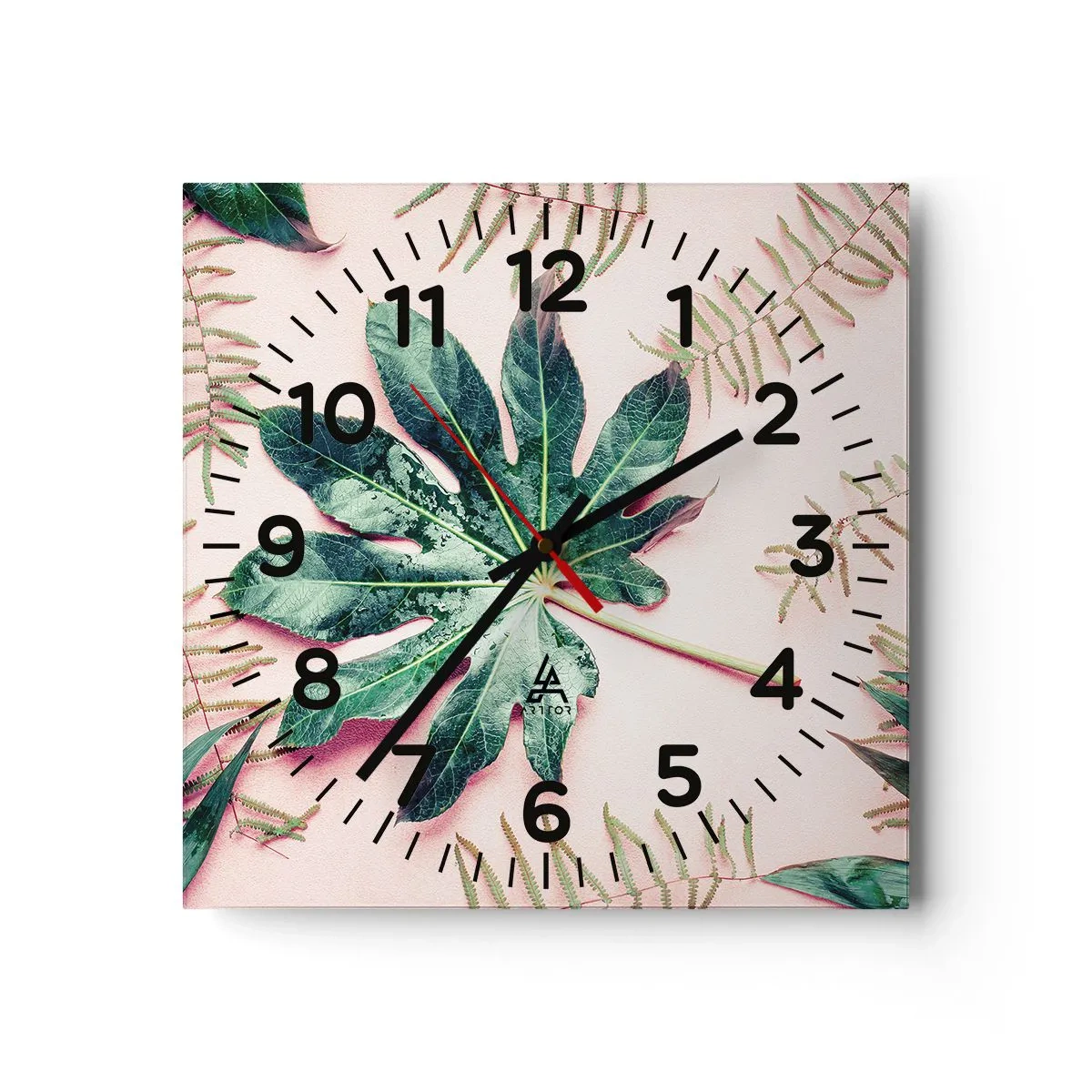 Relógio de parede - Relógio em vidro - Estudo do verde em um fundo rosa - 40x40 cm