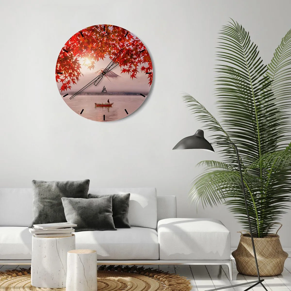 Relógio de parede - Relógio em vidro - Folhas de outono com o Monte Fuji ao fundo e um barco em um lago - 30x30cm - No clima japonês - Decoração de parede moderna para a sala de estar, cozinha e quarto ARTTOR