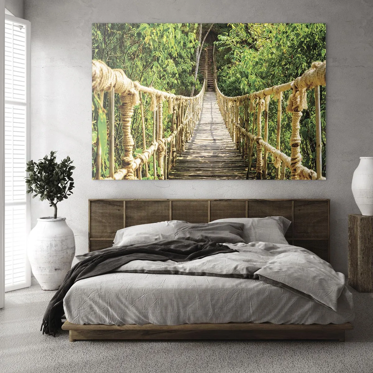 Quadro em vidro - Uma ponte de corda de madeira cercada por vegetação exuberante - 70x50cm - Suspenso na vegetação - Decoração de parede moderna para a sala de estar e quarto ARTTOR