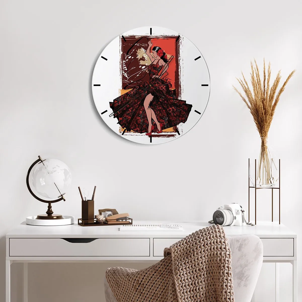 Relógio de parede - Relógio em vidro - Uma dançarina de vestido vermelho com formação artística - 30x30cm - No ritmo do coração - Decoração de parede moderna para a sala de estar, cozinha e quarto ARTTOR