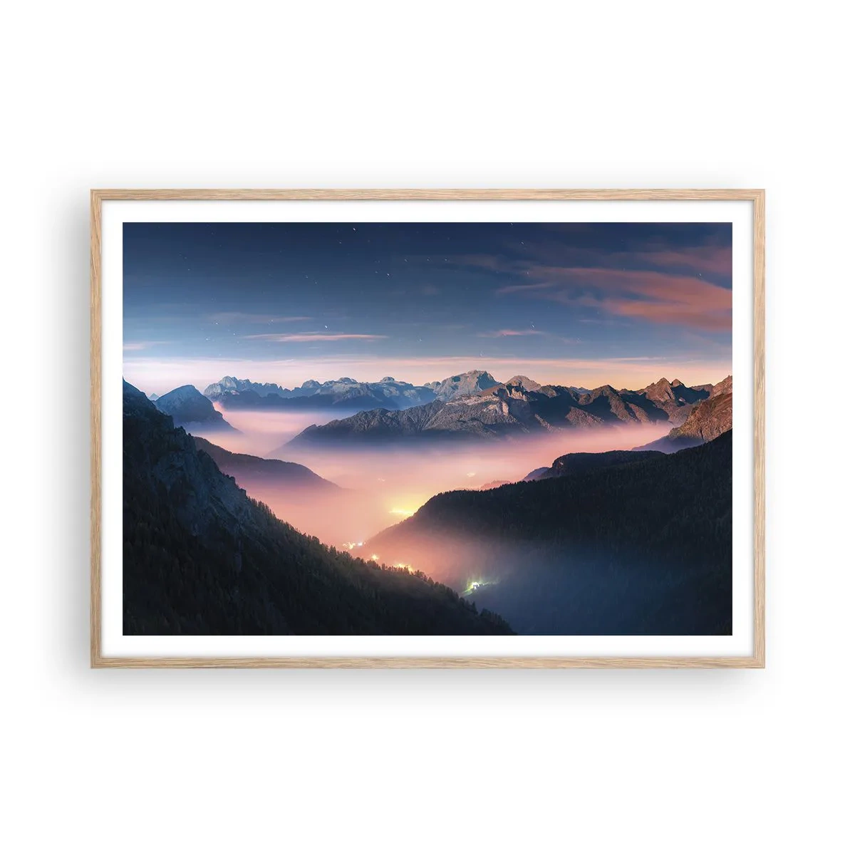 Pôster com moldura de carvalho claro - Luz nos vales - 100x70 cm