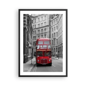 Pôster com moldura preta - Um ônibus vermelho em uma rua preta e branca de Londres - 50x70cm - A vida quotidiana não deve ser cinzenta - Decoração de parede moderna para a sala de estar e quarto ARTTOR