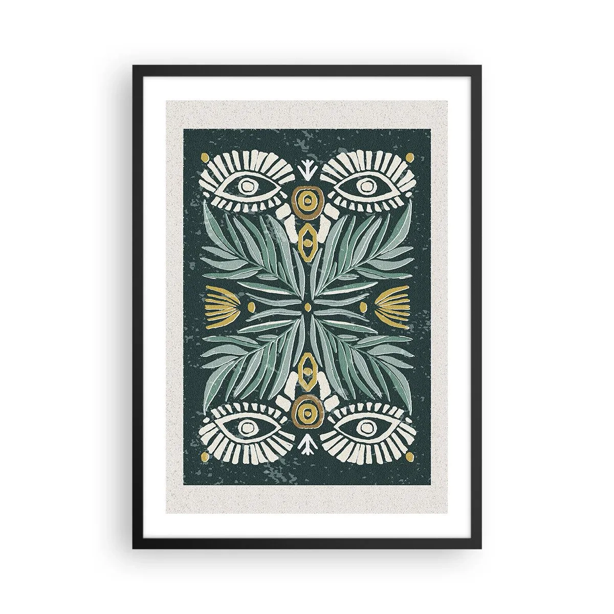 Pôster com moldura preta - Padrão simétrico com folhas e olhos em um fundo escuro - 50x70cm - Como um recorte folclórico - Decoração de parede moderna para a sala de estar e quarto ARTTOR