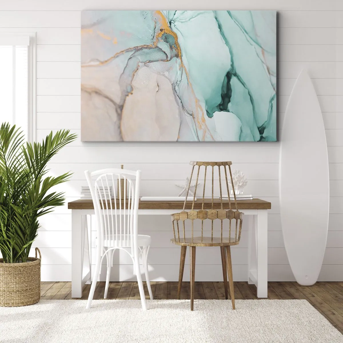 Quadro em tela - Uma composição abstrata em tons de turquesa e dourado. - 70x50cm - Dança das formas e cores - Decoração de parede moderna para a sala de estar e quarto ARTTOR