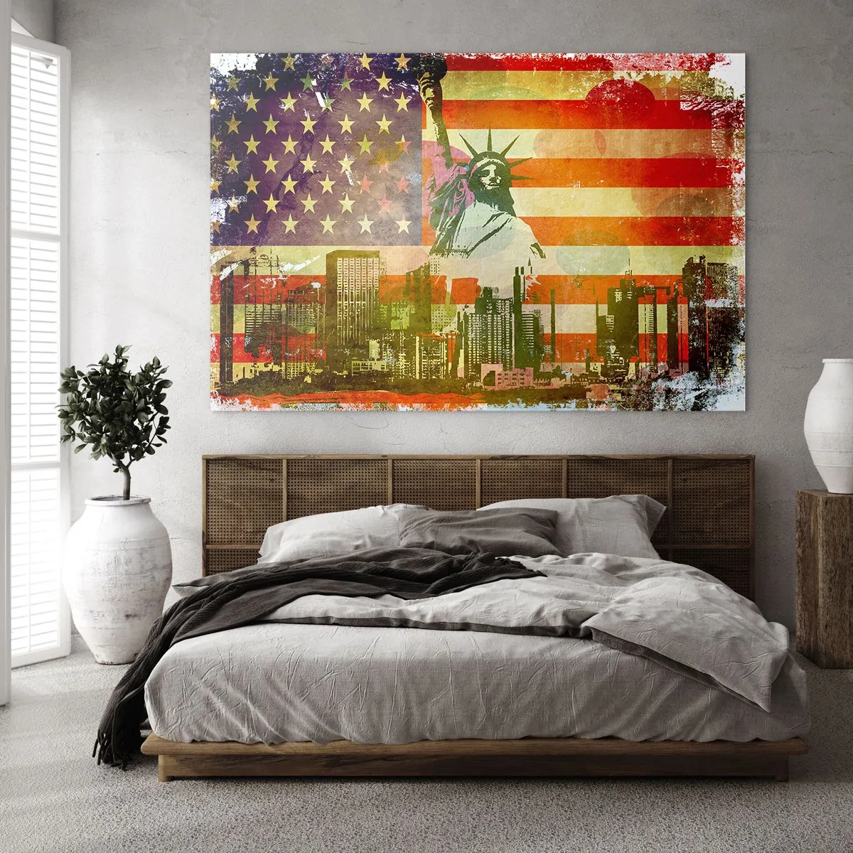 Quadro em vidro - Bandeira dos EUA com a silhueta da Estátua da Liberdade e paisagem urbana - 70x50cm - Viva a América! - Decoração de parede moderna para a sala de estar e quarto ARTTOR