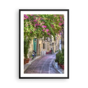 Pôster com moldura preta - Uma rua colorida com flores desabrochando e arquitetura clássica - 50x70cm - Beco florido - Decoração de parede moderna para a sala de estar e quarto ARTTOR