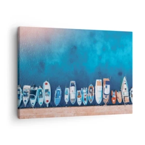 Quadro em tela - Barcos atracados na costa contra a água azul - 70x50cm - Em uma fileira - Decoração de parede moderna para a sala de estar e quarto ARTTOR