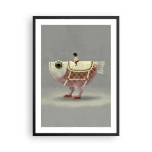 Pôster com moldura preta - Um peixe de fantasia com uma sela e uma figura em um fundo cinza - 50x70cm - O cavaleiro Peixoso - Decoração de parede moderna para a sala de estar e quarto ARTTOR