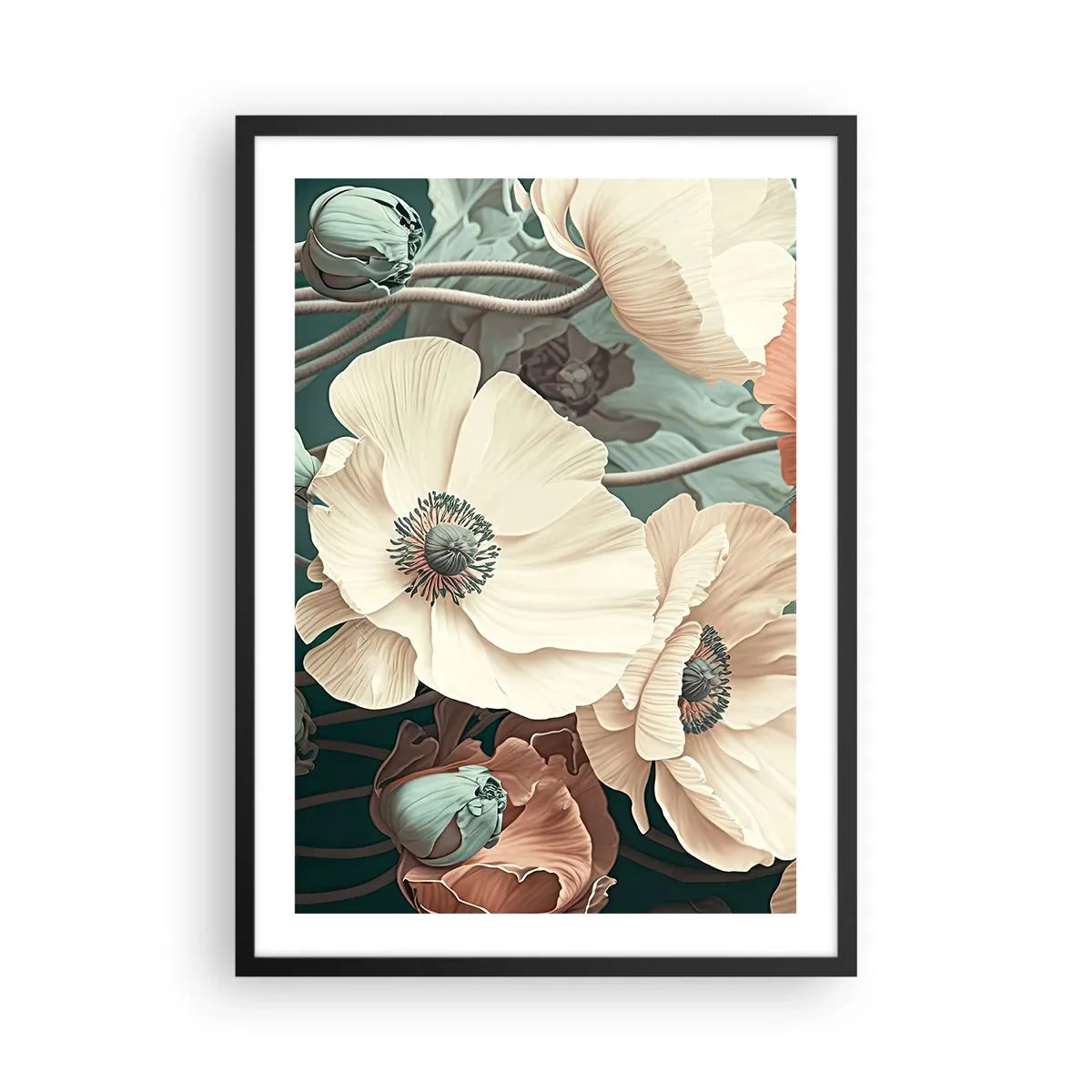 Pôster com moldura preta - Flores delicadas em tons pastéis sobre fundo escuro - 50x70cm - O sussurro das papoulas - Decoração de parede moderna para a sala de estar e quarto ARTTOR