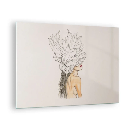 Quadro em vidro - Um desenho de uma mulher com cabelos longos e uma coroa de grandes penas - 70x50cm - Beleza coroada - Decoração de parede moderna para a sala de estar e quarto ARTTOR