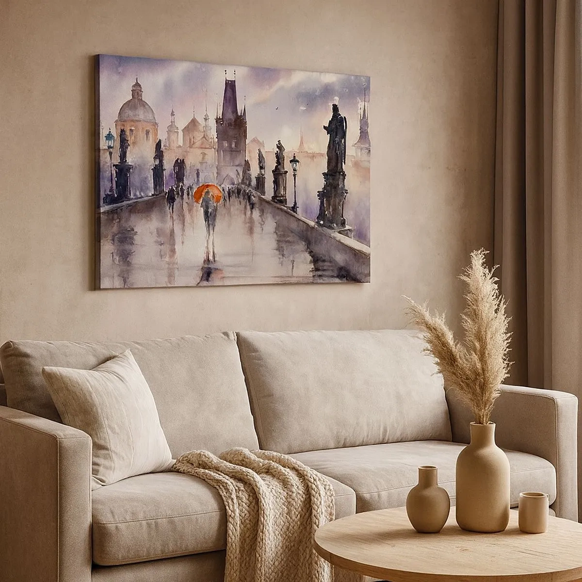 Quadro em tela - Vista romântica de uma ponte com um guarda-chuva tendo como pano de fundo uma cidade à noite - 70x50cm - Pessoas não mudam - Decoração de parede moderna para a sala de estar e quarto ARTTOR