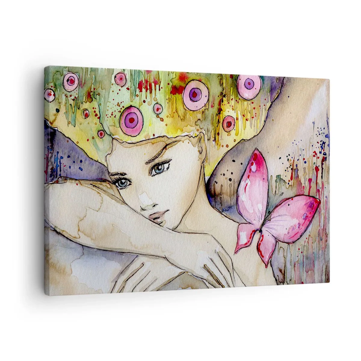 Quadro em tela - Uma mulher com um penteado abstrato e uma borboleta rosa - 70x50cm - Princesa borboleta - Decoração de parede moderna para a sala de estar e quarto ARTTOR