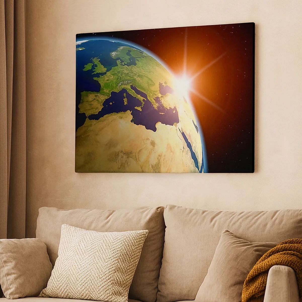 Quadro em tela - Vista da Terra do espaço com raios de sol no horizonte - 70x50cm - Nascer do Sol - Decoração de parede moderna para a sala de estar e quarto ARTTOR
