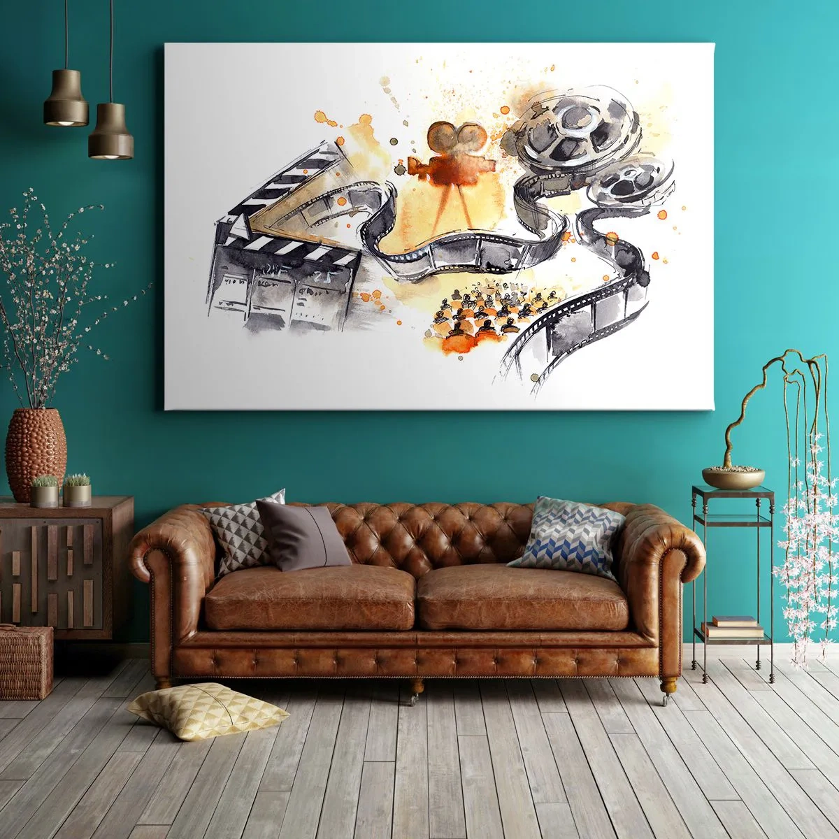 Quadro em tela - O simbolismo do cinema com uma tira de filme em aquarela artística - 70x50cm - Na terra dos sonhos - Decoração de parede moderna para a sala de estar e quarto ARTTOR