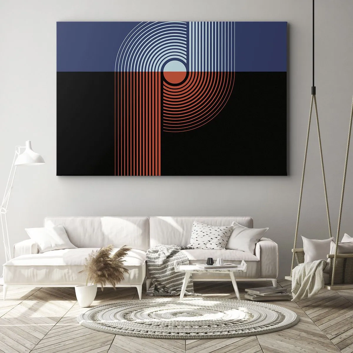 Quadro em tela - Abstração geométrica com linhas em azul marinho e laranja. - 70x50cm - Num abraço geométrico - Decoração de parede moderna para a sala de estar e quarto ARTTOR
