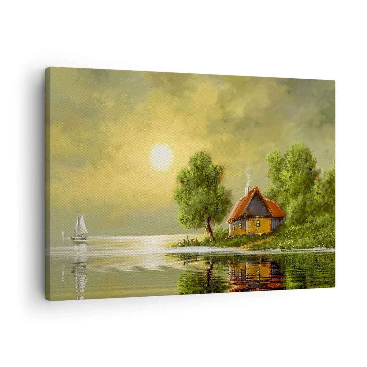 Quadro em tela - Casa do lago sob a luz do pôr do sol - 70x50cm - Lindo como uma paisagem - Decoração de parede moderna para a sala de estar e quarto ARTTOR