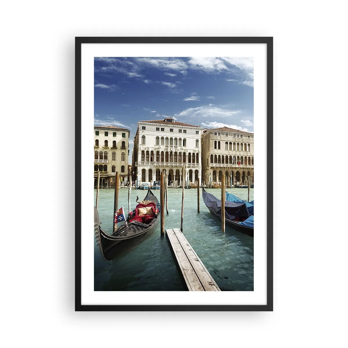 Pôster com moldura preta - Gôndolas na água com edifícios históricos ao fundo em Veneza - 50x70cm - Palácios em azul - Decoração de parede moderna para a sala de estar e quarto ARTTOR