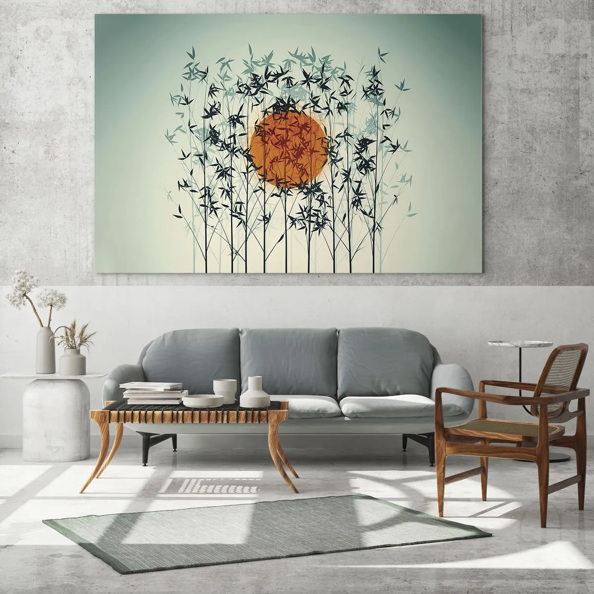 Quadro em vidro - Sol vermelho entre delicadas folhas de bambu - 70x50cm - Sol japonês - Decoração de parede moderna para a sala de estar e quarto ARTTOR