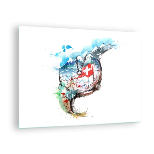 Quadro em vidro - Pintura em aquarela de uma paisagem suíça com uma bandeira e um relógio - 70x50cm - O Espírito da Suíça - Decoração de parede moderna para a sala de estar e quarto ARTTOR