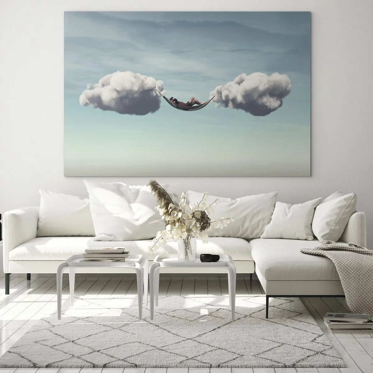 Quadro em vidro - Redes de nuvens em um céu azul - 70x50cm - A felicidade do momento - Decoração de parede moderna para a sala de estar e quarto ARTTOR
