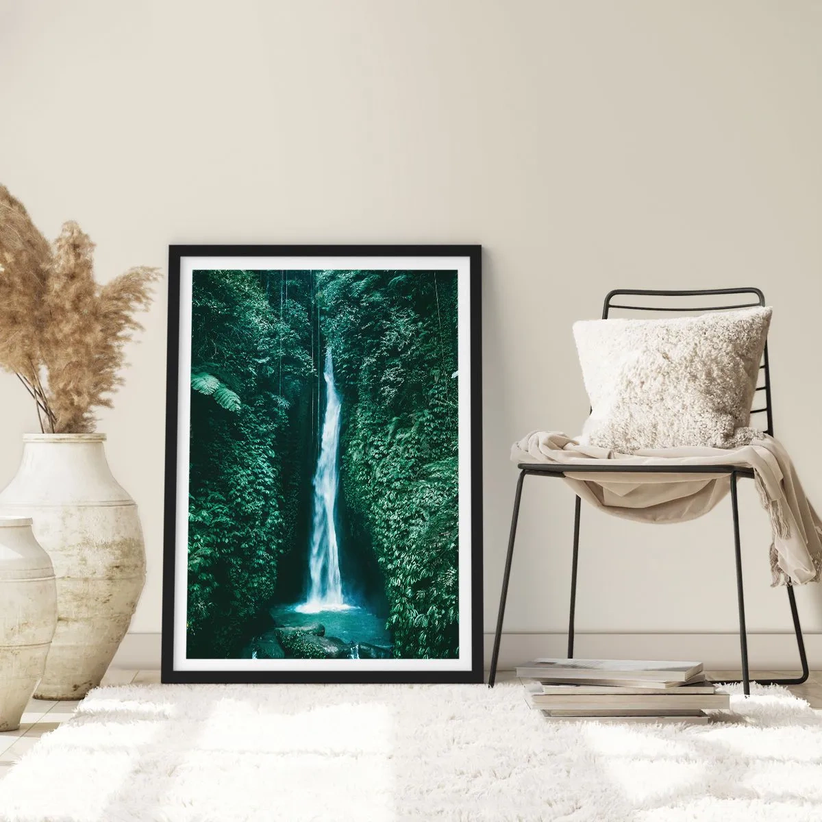 Pôster com moldura preta - Cachoeira na selva tropical - 50x70cm - Primavera tropical - Decoração de parede moderna para a sala de estar e quarto ARTTOR