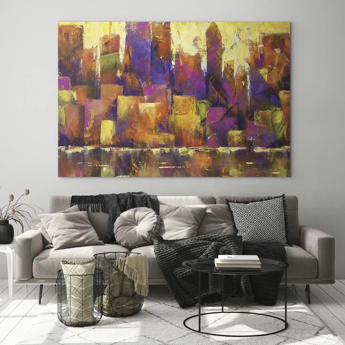 Quadro em vidro - Uma metrópole abstrata em cores quentes com toques de roxo. - 70x50cm - Composição metropolitana - Decoração de parede moderna para a sala de estar e quarto ARTTOR