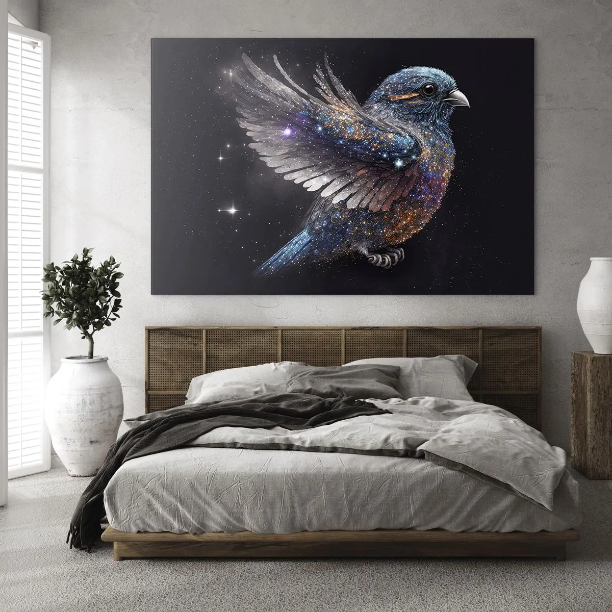 Quadro em vidro - Pardal Espacial com Glitter Diamante - 70x50cm - Pardal de diamante - Decoração de parede moderna para a sala de estar e quarto ARTTOR