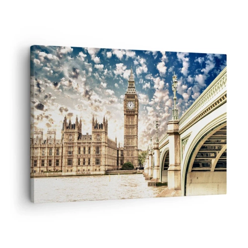 Quadro em tela - O Big Ben e a Ponte de Westminster iluminados pelo sol em Londres - 70x50cm - Nuvens emplumadas sobre o Tamisa - Decoração de parede moderna para a sala de estar e quarto ARTTOR