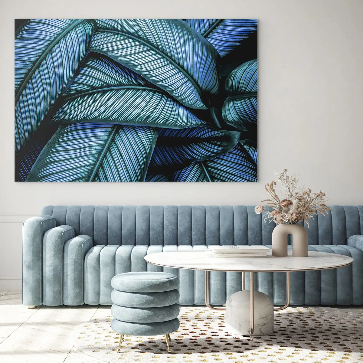 Quadro em vidro - Um close de folhas turquesas com textura intensa. - 70x50cm - Linhas de vida - Decoração de parede moderna para a sala de estar e quarto ARTTOR