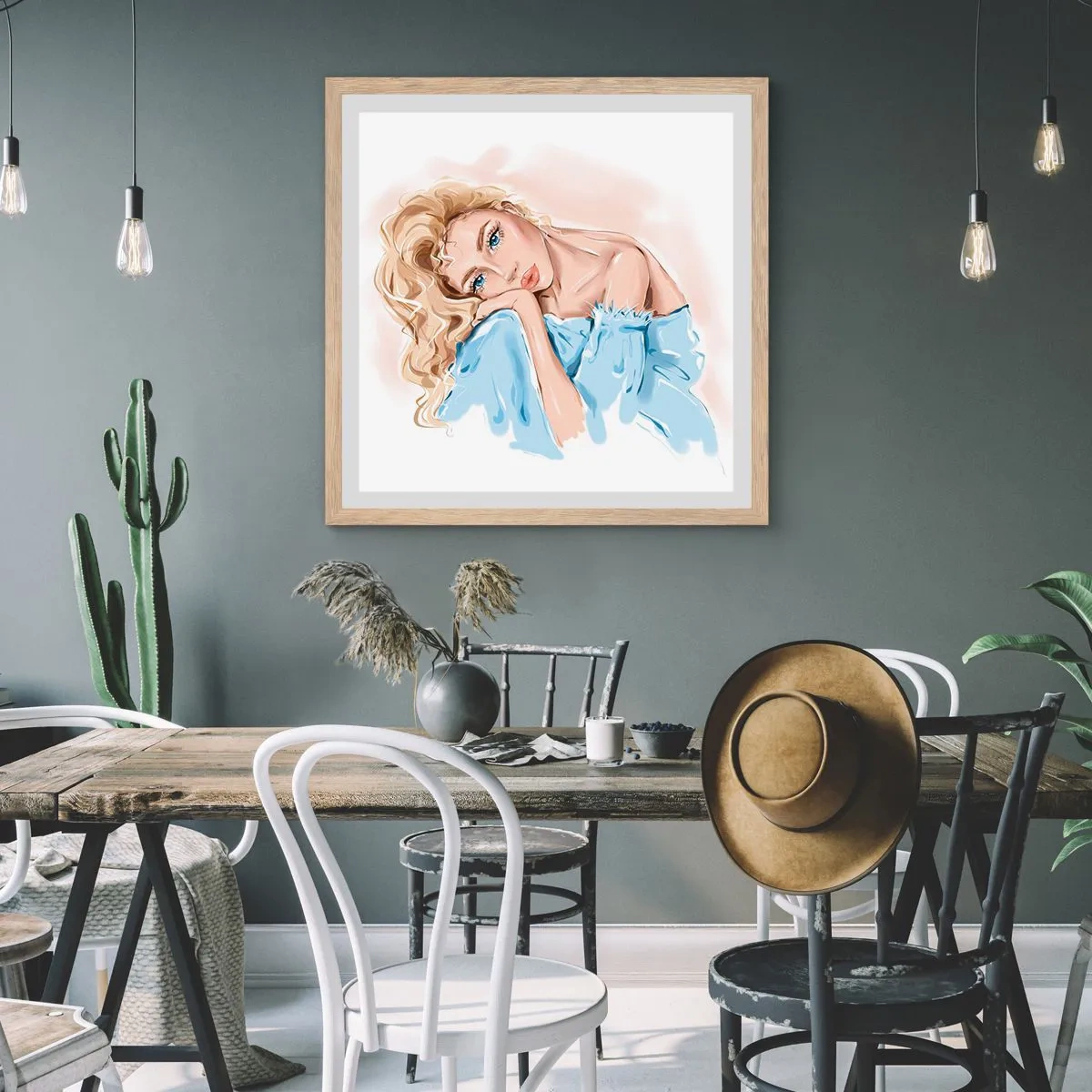 Pôster com moldura de carvalho claro - Sonhadora em azul - 60x60 cm