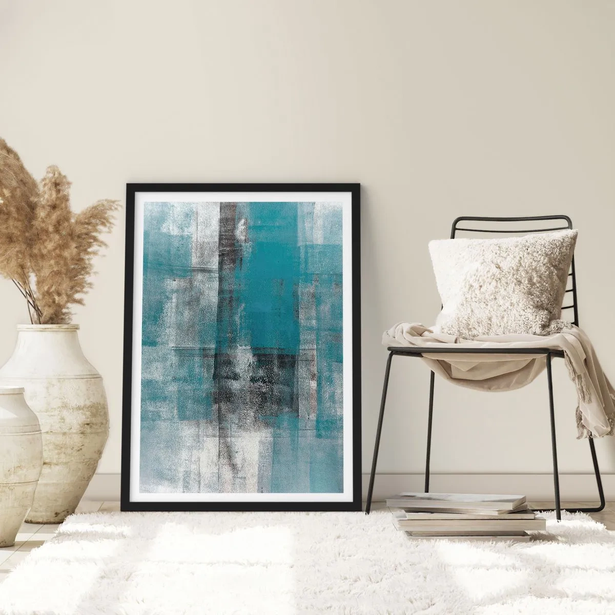 Pôster com moldura preta - Composição abstrata em tons de azul e cinza - 50x70cm - Água e ar - Decoração de parede moderna para a sala de estar e quarto ARTTOR