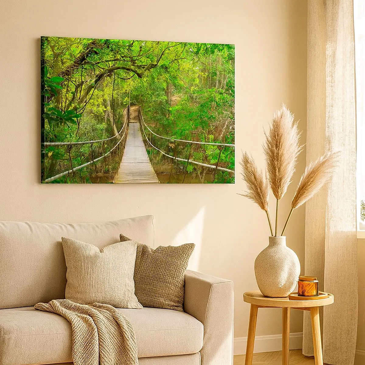 Quadro em tela - Uma ponte suspensa cercada por uma floresta tropical verde - 70x50cm - Porque há uma videira a crescer no jardim - Decoração de parede moderna para a sala de estar e quarto ARTTOR