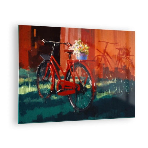 Quadro em vidro - Uma bicicleta vermelha com flores em frente a um prédio vermelho - 70x50cm - Quero andar de bicicleta - Decoração de parede moderna para a sala de estar e quarto ARTTOR