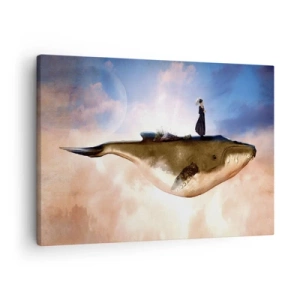 Quadro em tela - Uma cena fantástica de uma mulher em uma baleia entre as nuvens - 70x50cm - Uma viagem surreal - Decoração de parede moderna para a sala de estar e quarto ARTTOR