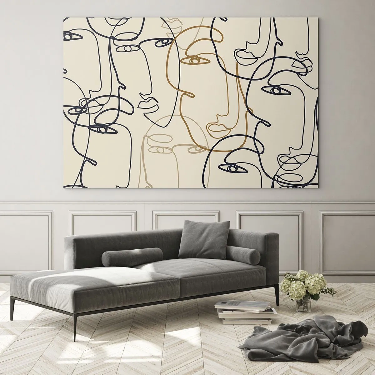 Quadro em vidro - Rostos contornados desenhados com um único traço em bege - 70x50cm - Retrato multiplicado - Decoração de parede moderna para a sala de estar e quarto ARTTOR