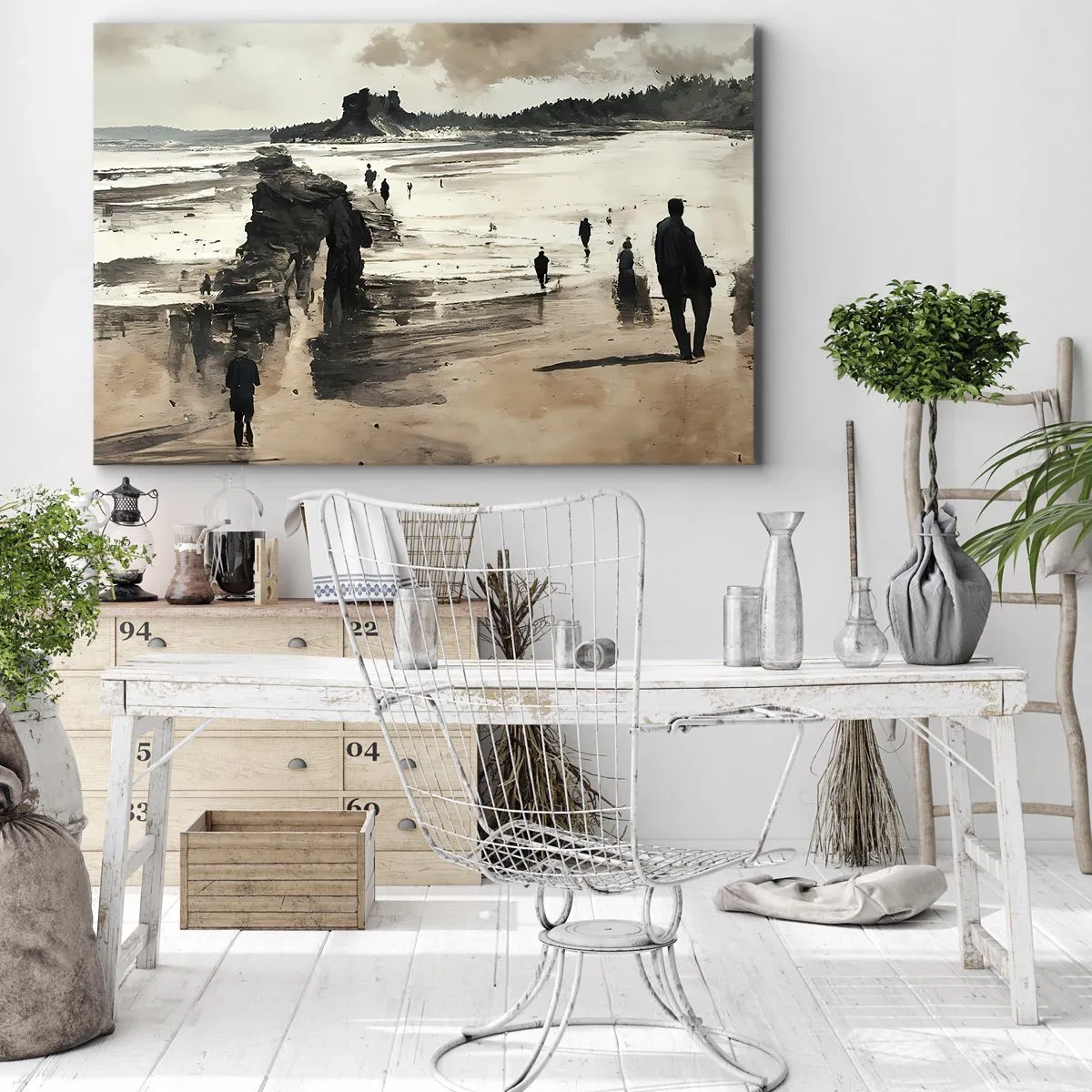 Quadro em tela - Caminhantes na praia em uma paisagem tranquila - 70x50cm - Convocados - Decoração de parede moderna para a sala de estar e quarto ARTTOR