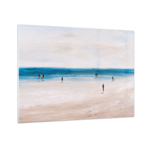 Quadro em vidro - Uma praia tranquila com silhuetas de pessoas caminhando ao longo da linha do mar - 70x50cm - Uma necessidade natural - Decoração de parede moderna para a sala de estar e quarto ARTTOR