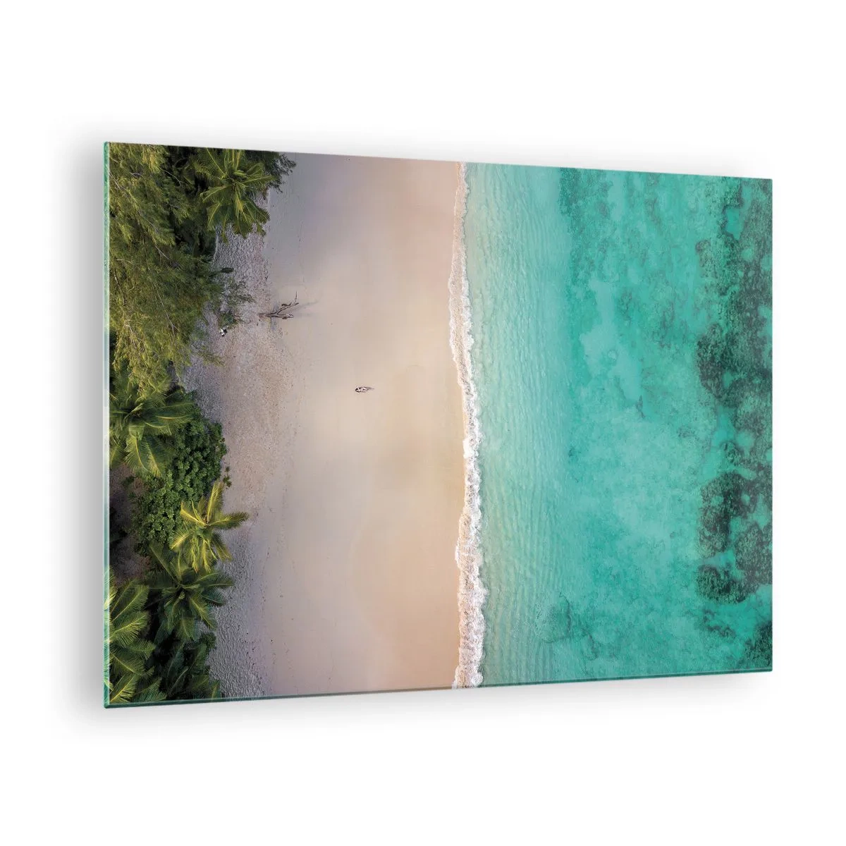 Quadro em vidro - Vista aérea de uma praia tropical e mar azul-turquesa - 70x50cm - Praia do paraíso - Decoração de parede moderna para a sala de estar e quarto ARTTOR