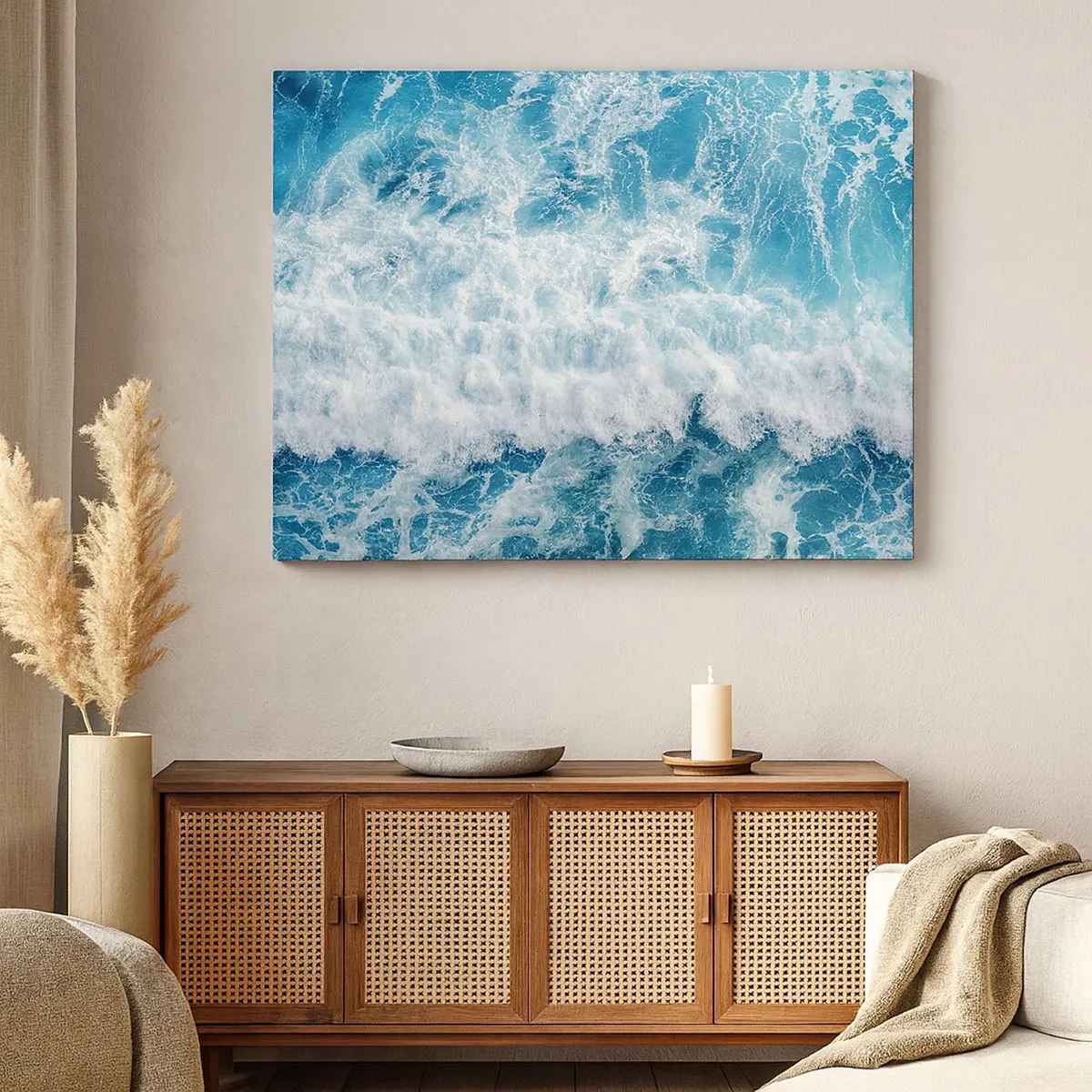 Quadro em tela - Ondas dinâmicas do oceano em tons de azul - 70x50cm - Alegremente e aos saltos - Decoração de parede moderna para a sala de estar e quarto ARTTOR