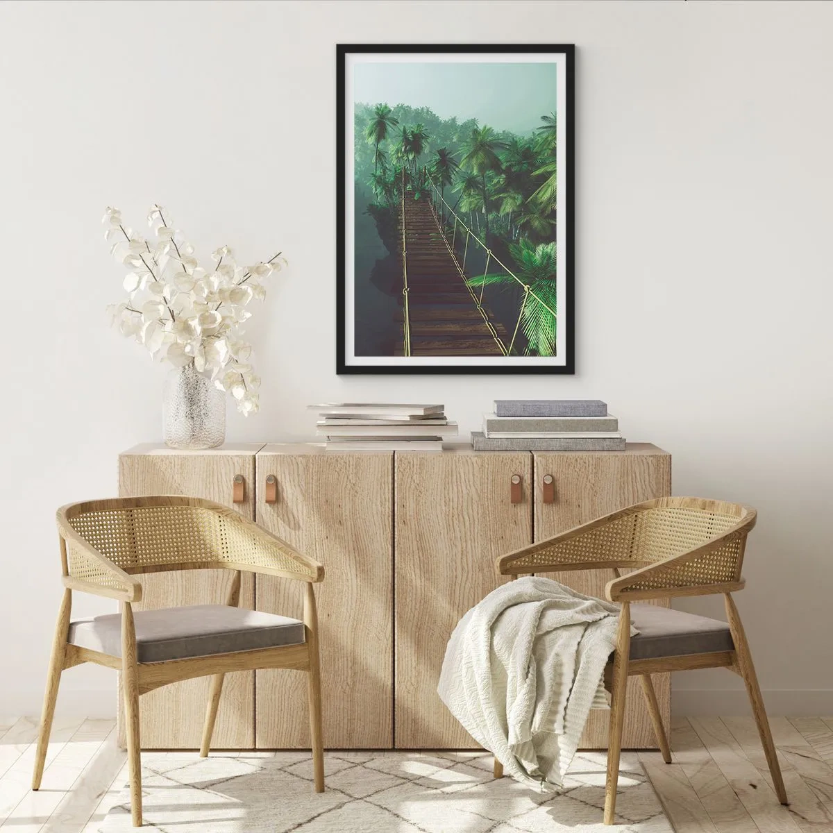 Pôster com moldura preta - Uma ponte suspensa em uma floresta tropical cheia de palmeiras - 50x70cm - Sobre o verde fervente - Decoração de parede moderna para a sala de estar e quarto ARTTOR