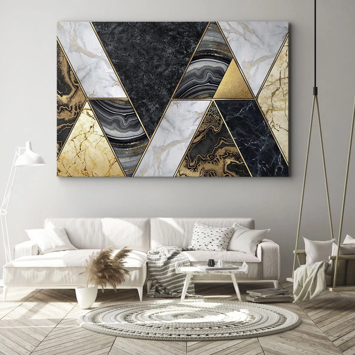Quadro em tela - Triângulos geométricos em dourado, mármore e tons escuros - 70x50cm - Pedra por pedra - Decoração de parede moderna para a sala de estar e quarto ARTTOR