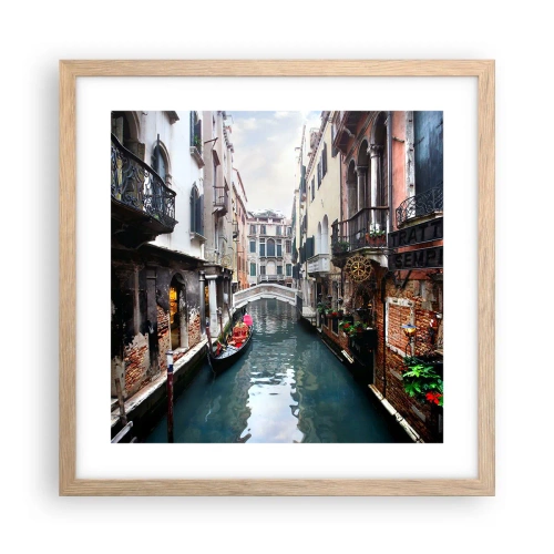 Pôster com moldura de carvalho claro - Paisagem veneziana com gôndola e ponte - 40x40 cm